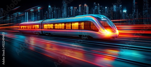 A blue high-speed train races along the rail tracks