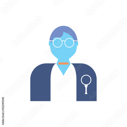 Vector illustration of a male scientist or academic professional with glasses and magnifying glass icon on coat symbolizing research and scientific investigation