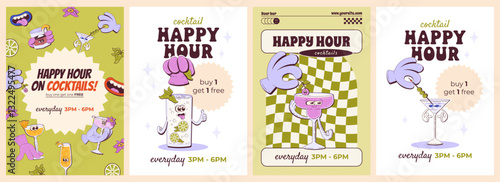 Playful Cartoon Posters with Groovy Retro Cocktail Promotion. Set of Four Alcohol Drink Flyers. Buy One, Get One Free. Vector Illustration for Advertising Drink Specials and Happy Hour Events.
