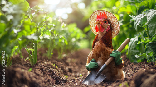 Charming chicken in sun hat with gardening tools in lush vegetable garden. concept of animal farming, humor, nature interaction, bird, Funny animal, humor. Copy space