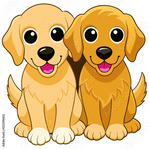 Two adorable Golden Retriever puppies sitting together with happy expressions.