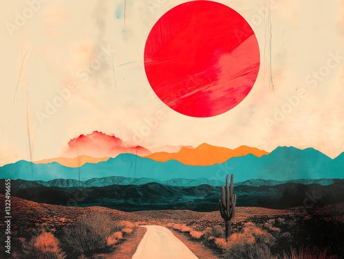 retro futurism of a western desert with a red sun