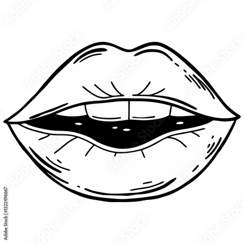 Hand-drawn open lips in black and white with expressive contour details.