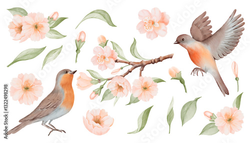 Fototapeta Naklejka Na Ścianę i Meble -  Spring Blossom and Birds Set. Branch and isolated Peach or Cherry Flowers and Leaves. Watercolor hand painted botanical illustration isolated on a white background. Perfect for wedding invitations