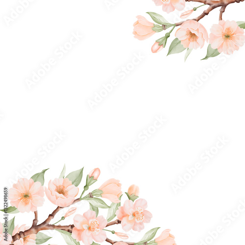 Spring square corner Frame with Blossoming Branch of Peach or Cherry Flowers. Hand drawn watercolor illustration on a white background. Ideal for nature designs, greeting cards and bird Day designs.