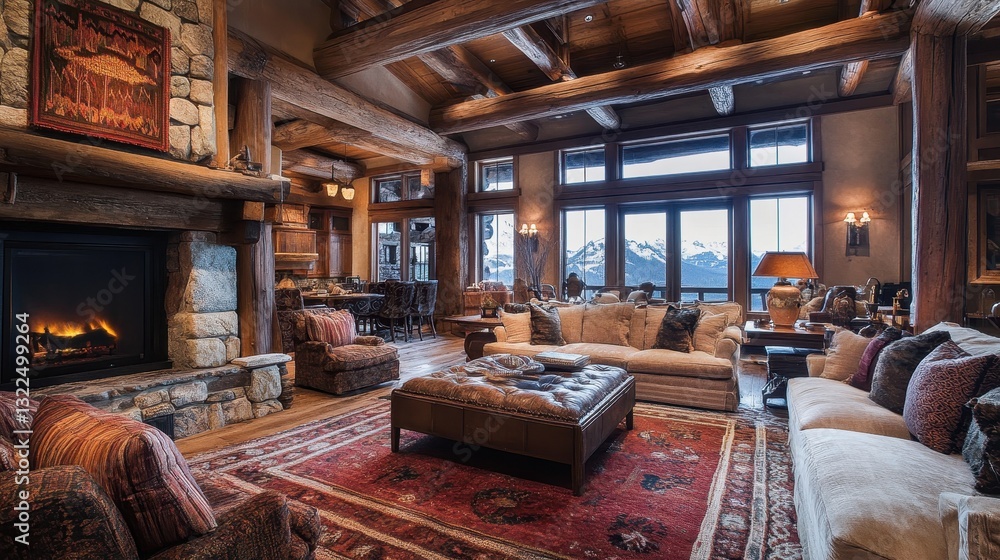 A luxurious living room showcases mountain views and interior details A luxurious living room showcases mountain views and interior details