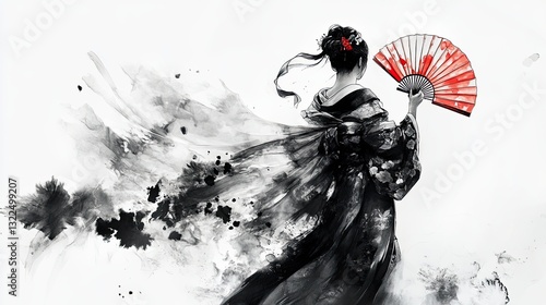 Sumi-e Painting of a Noble Samurai Woman Holding a Gem