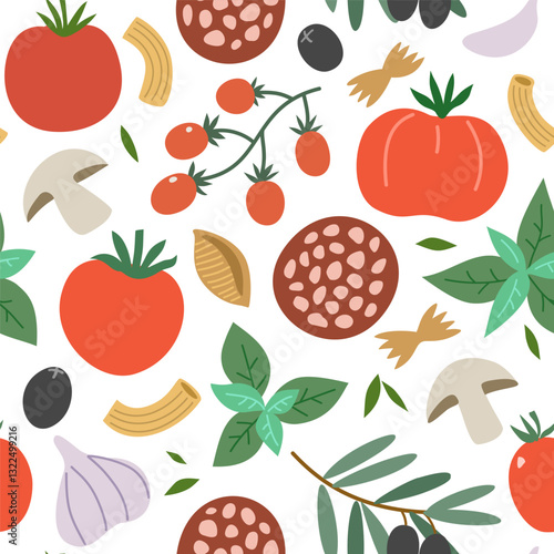 Italian food vector elements for design. Pasta, tomatoes, spices and. mushrooms, hand-drawn illustrations, isolated on white background.