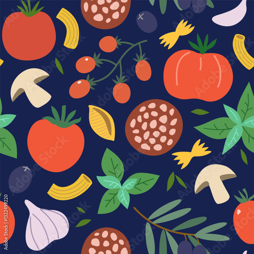Seamless pattern with Italian food vector elements. Pasta, tomatoes, spices and mushrooms, hand-drawn vector illustration.