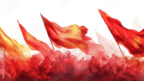 Abstract watercolor painting of red flags waving on international workers' day. concept of labor solidarity, modern political art, airy expression