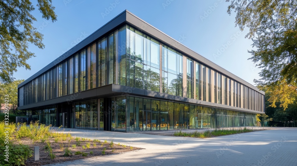 Fototapeta premium Modern Building with Glass Facade and Clean Lines in Urban Environment