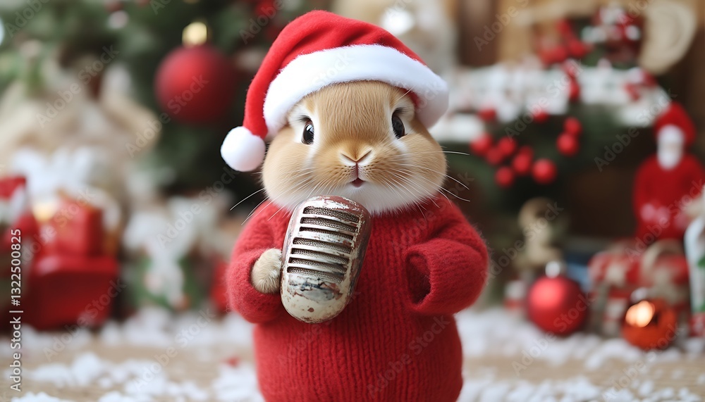 A Festive Bunny Wearing Santa Hat Singing Into a Microphone A Festive Bunny Wearing Santa Hat Singing Into a Microphone