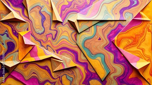 An intricate origami-style abstract background featuring a colorful marble ink pattern with a folded paper look and precise geometric shapes