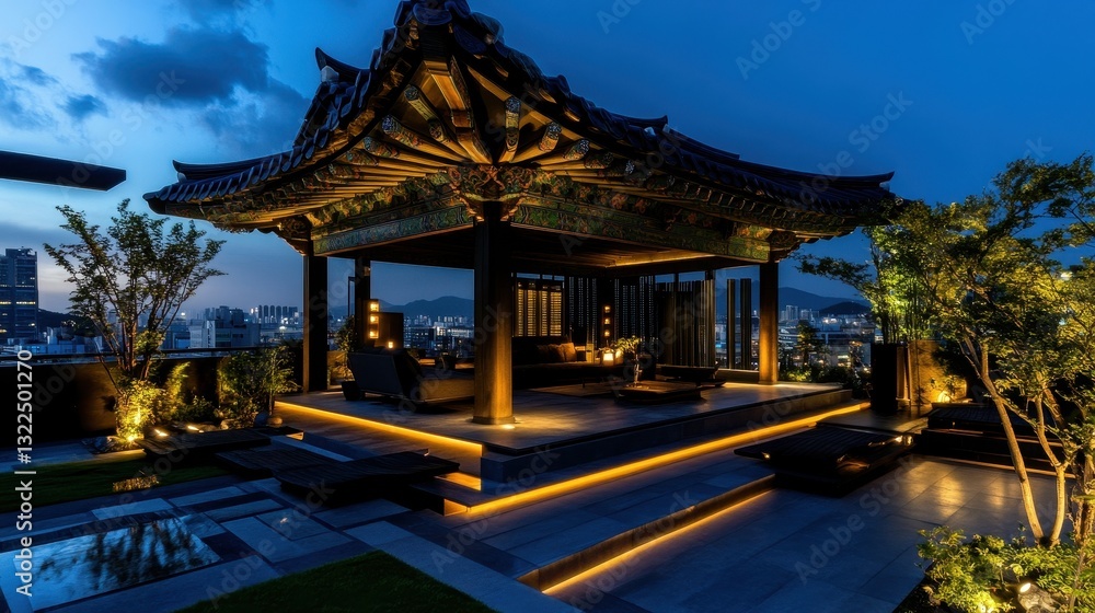 Beautiful night view of a traditional pavilion overlooking the city Beautiful night view of a traditional pavilion overlooking the city