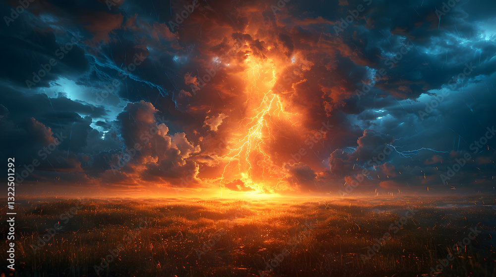 Dramatic lightning strikes illuminate a stormy sky over a serene landscape at dusk, creating a stunning contrast Dramatic lightning strikes illuminate a stormy sky over a serene landscape at dusk, creating a stunning contrast