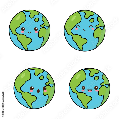 Icono del Planeta Tierra, kawaii en cuatro expresiones diferentes, con contorno negro.