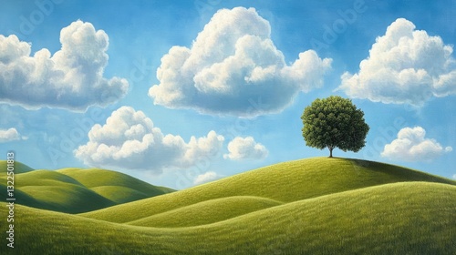 Panoramic View: Green Hills and Meadows Beneath Blue Skies and White Clouds (AI-Generated)