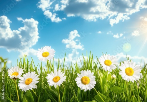 Bright and Cheerful Daisy Flowers in Green Grass Under a Clear Blue Sky with Fluffy Clouds and Radiant Sunlight on a Beautiful Spring Day