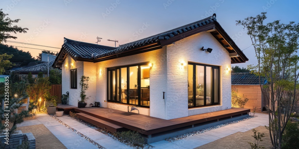 An illuminated house with a wooden deck and a tiled roof An illuminated house with a wooden deck and a tiled roof