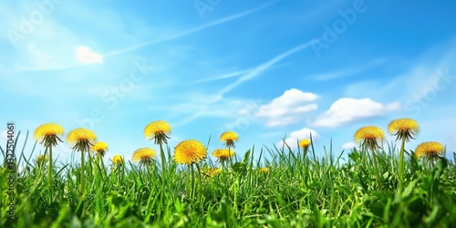 Bright Yellow Dandelions Blooming in Lush Green Grass Under Clear Blue Sky with Soft White Clouds in the Background on a Beautiful Sunny Day
