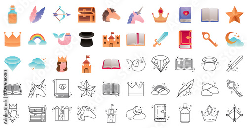Set of fantasy vector icons with white background