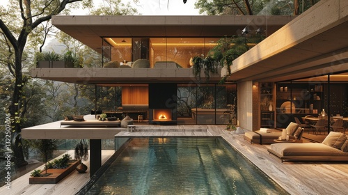 Wallpaper Mural Multilevel Wood Villa with Glass-Walled Pool and Outdoor Kitchen Torontodigital.ca