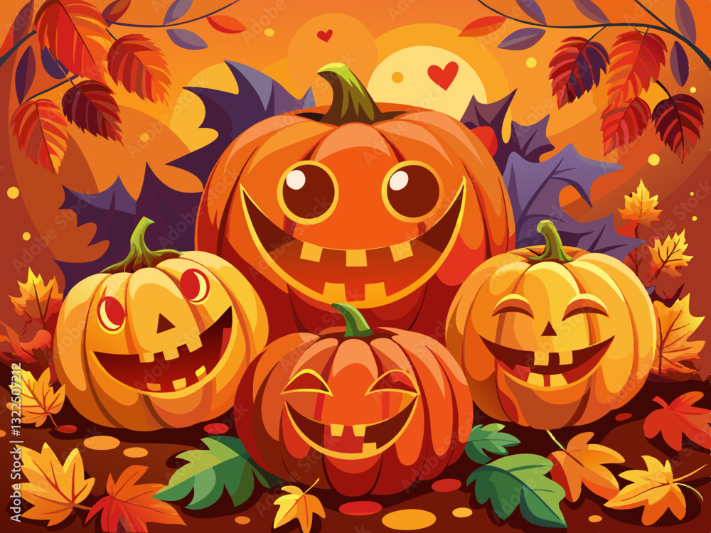 vector of Smiling jack-o'-lanterns nestle among vibrant orange and red autumn leaves vector of Smiling jack-o'-lanterns nestle among vibrant orange and red autumn leaves