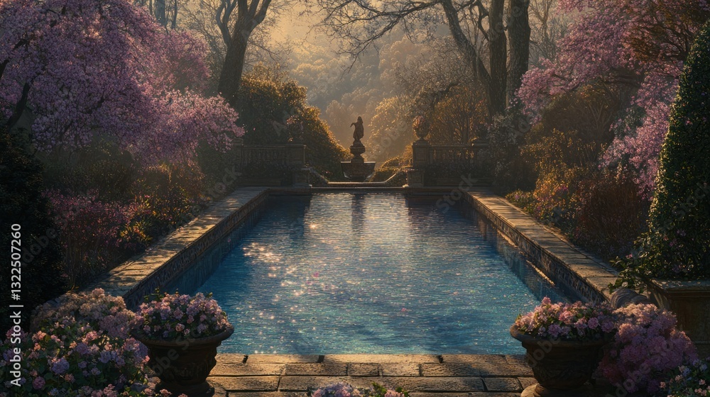 Fototapeta premium Serene spring garden with reflecting pool and statue.