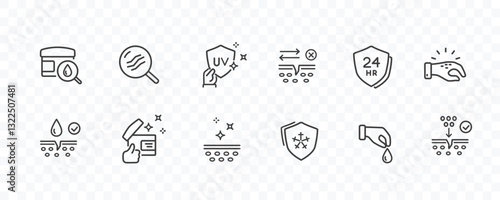 Skin line icon set isolated on transparent background. Care, collagen and cream search signs. Vector outline stroke symbols for medical cosmetic design
