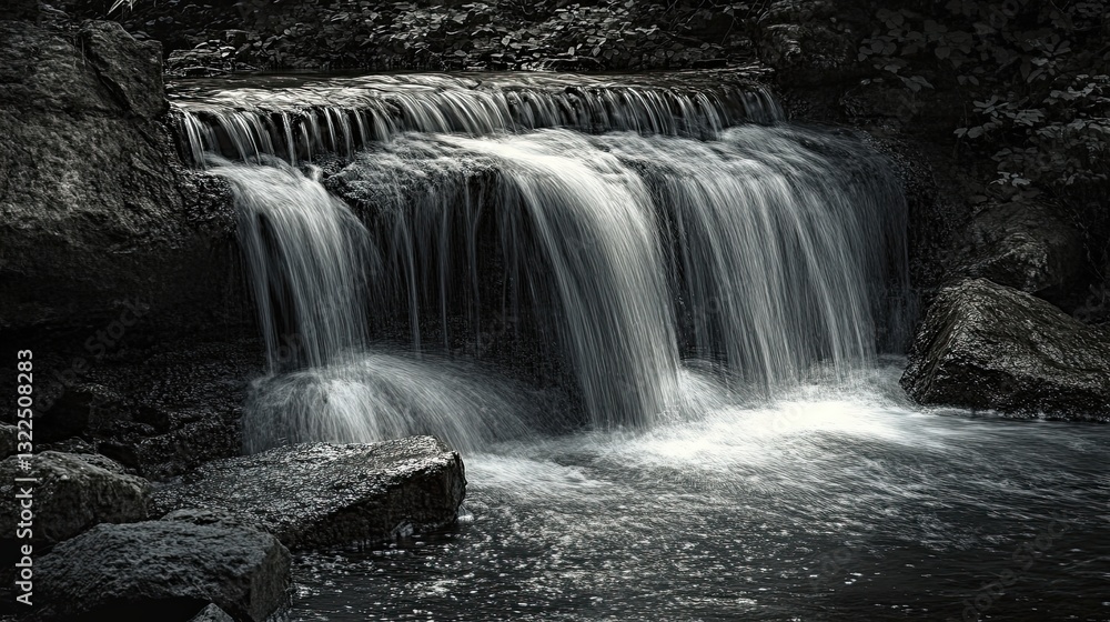 Fototapeta premium Serene Ink Wash of a Waterfall Cascading Down Rocks