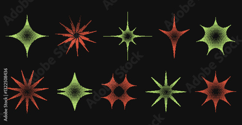 A collection of abstract bitmap star shapes. Metamodern, edgy, and futuristic elements perfect for posters, digital art, and trendy anti-design projects.