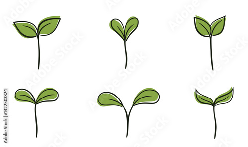 Plants seedling with two leaves set. Spring, planting and nature design elements. Isolated vector images