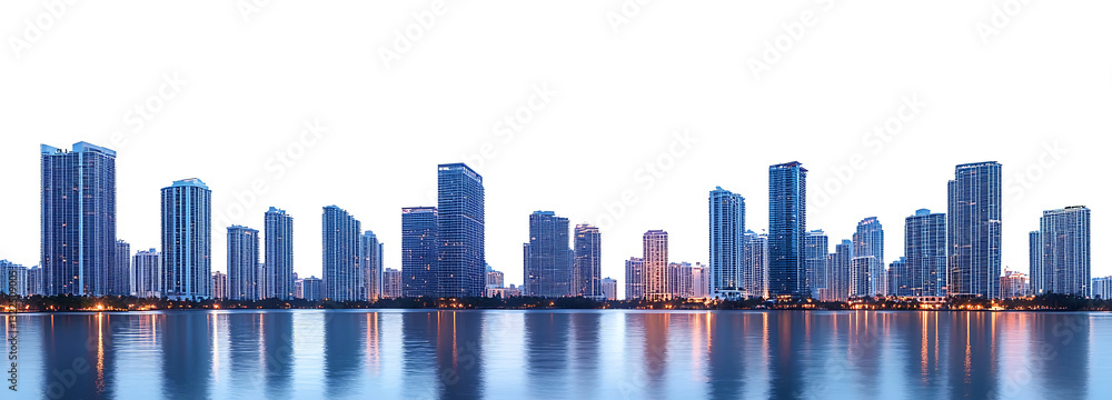 Obraz premium Miami skyline at dusk, illuminated buildings reflected in the water. Cityscape. Isolated on transparent background. PNG file