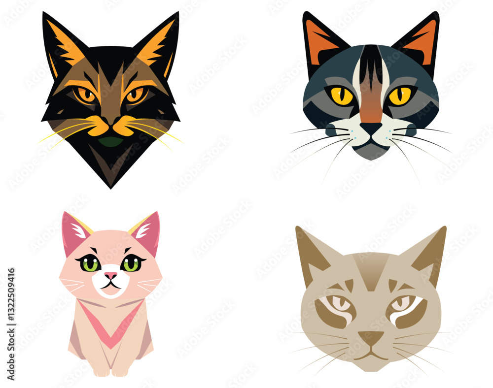 Abstract Cat Face Set – Feline Icon Collection for Logos and Stickers Abstract Cat Face Set – Feline Icon Collection for Logos and Stickers