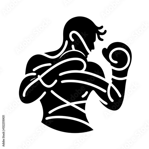 Female boxer in defensive stance, black and white illustration