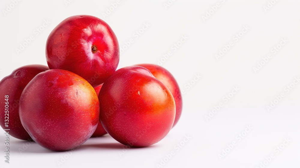 Freshly picked, juicy plums gleam on a white backdrop, showcasing their deep red hue and succulent appeal. Freshly picked, juicy plums gleam on a white backdrop, showcasing their deep red hue and succulent appeal.
