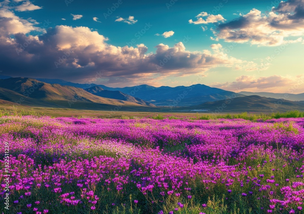Obraz premium Colorful Field of Wildflowers Under a Bright Sky with Dramatic Clouds and Mountain Range in the Background During a Vibrant Spring Day