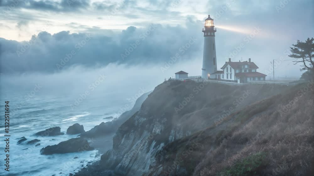 Stormy lighthouse on a rocky cliff with dramatic waves Stormy lighthouse on a rocky cliff with dramatic waves