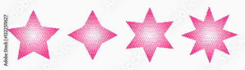 Set of pink pixelated stars in bitmap style. Y2K aesthetic elements for digital art, stickers, and trendy graphic design. Perfect for retro, cyber, and pop culture projects.