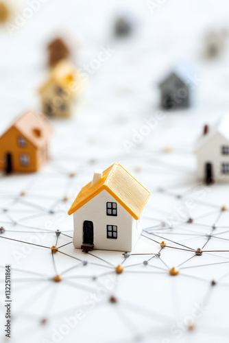Small toy model houses are connected by a network of connections and lines. Concept of blockchain technology and smart contracts in real estate.