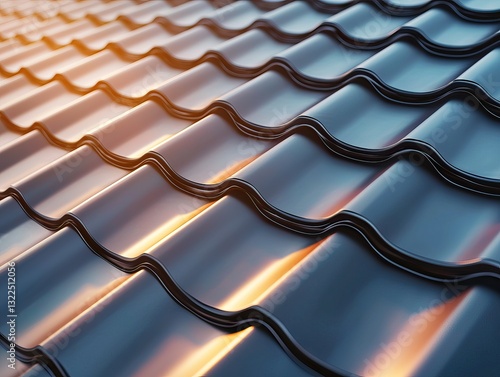 Close-up of modern metal roofing sheets with wavy texture reflecting warm sunlight at sunset
