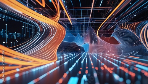 Modern abstract illustration of digital patterns with flowing lines and data nodes, symbolizing technological innovation and advanced analytics. Perfect for promoting software solutions and data-centr