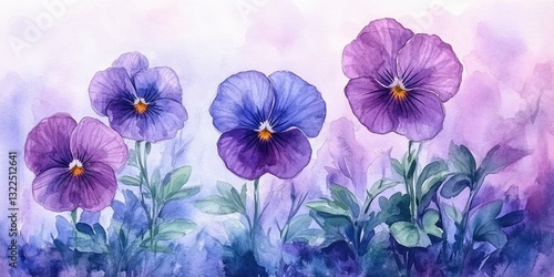 Wallpaper Mural Colorful pansies in vibrant hues of purple and blue display their beauty in this watercolor illustration, set against a dreamy, soft background that enhances their charm Torontodigital.ca