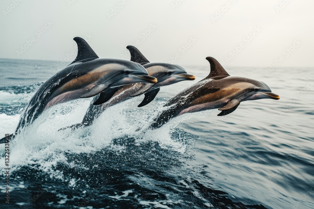 Obraz premium Three Dolphins Jumping Gracefully Above Calm Ocean Water Surface