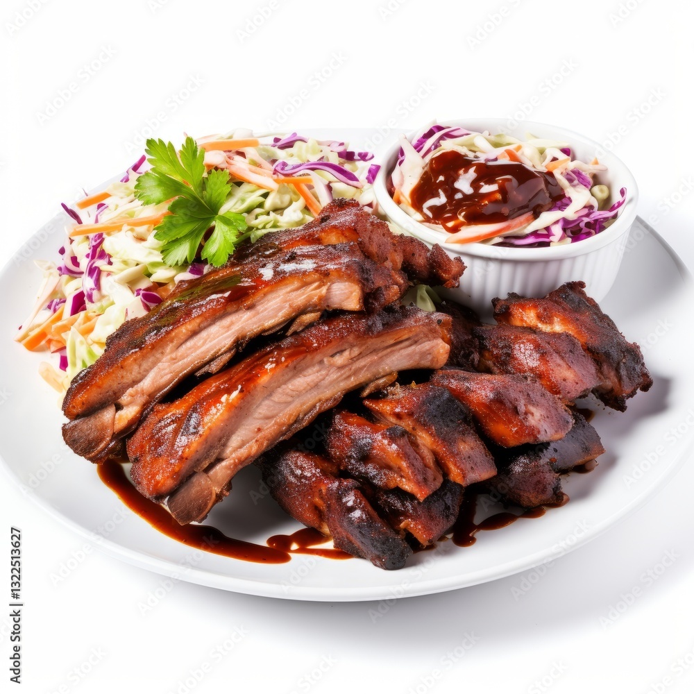 Plate of barbecue ribs with coleslaw on white background Plate of barbecue ribs with coleslaw on white background