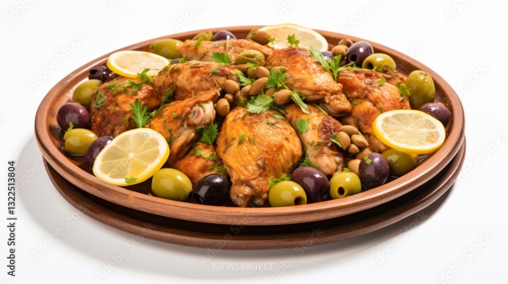 Plate of Moroccan Chicken with Olives and Lemon on White Background Plate of Moroccan Chicken with Olives and Lemon on White Background