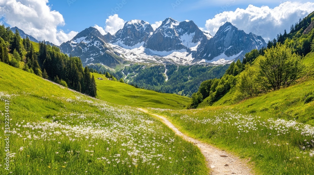 Serene Mountain Meadow Path, Breathtaking Alpine Landscape Serene Mountain Meadow Path, Breathtaking Alpine Landscape