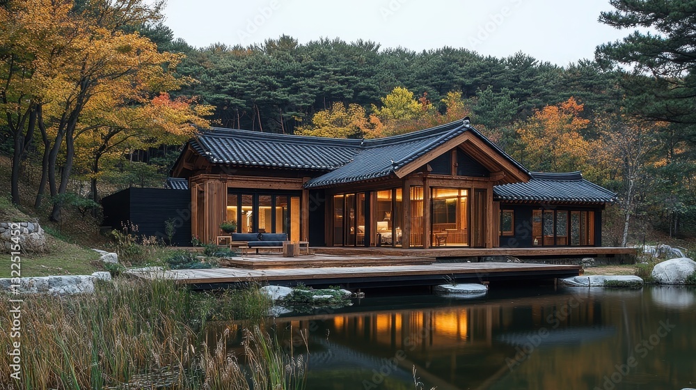 Modern Asian style house situated near a calm reflective lake Modern Asian style house situated near a calm reflective lake