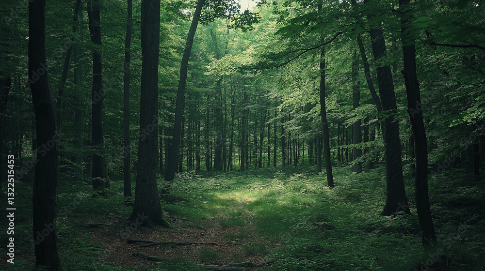 Obraz premium Serene path through a lush green forest.