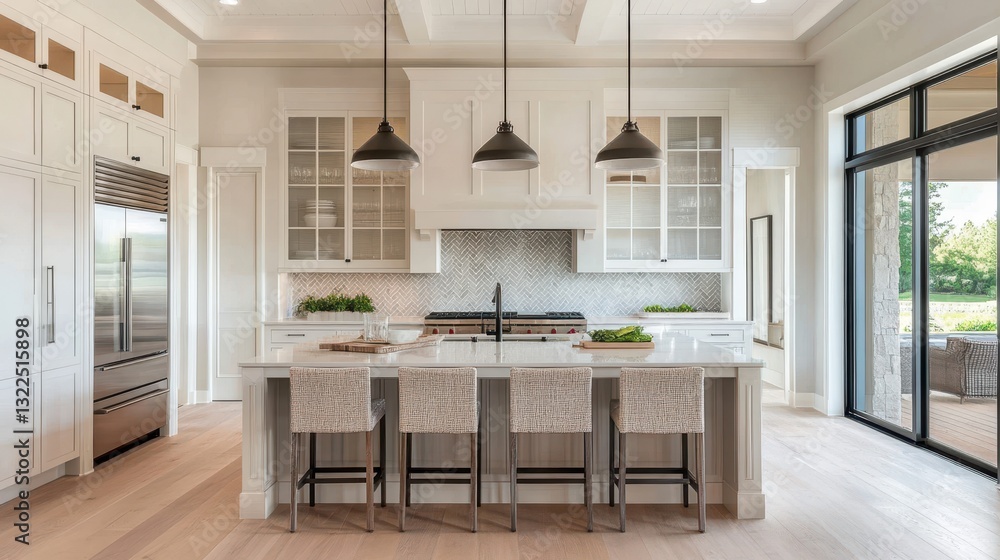 A bright and modern kitchen interior with a central island counter A bright and modern kitchen interior with a central island counter